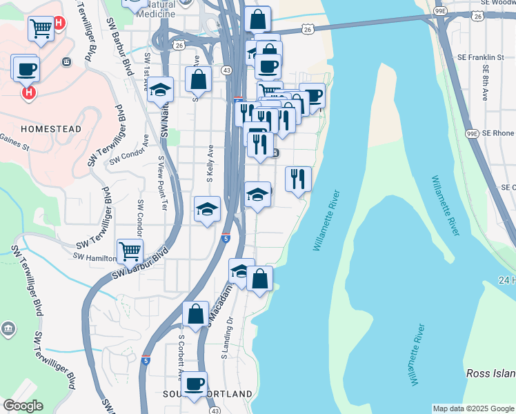 map of restaurants, bars, coffee shops, grocery stores, and more near in Portland