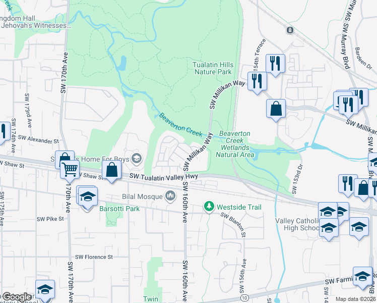 map of restaurants, bars, coffee shops, grocery stores, and more near 3621 Southwest Innovation Court in Beaverton