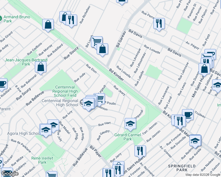 map of restaurants, bars, coffee shops, grocery stores, and more near 1025 Rue Baker in Longueuil