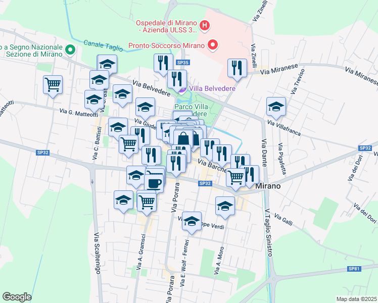 map of restaurants, bars, coffee shops, grocery stores, and more near 1 Piazza Martiri della Libertà in Mirano