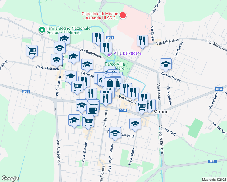 map of restaurants, bars, coffee shops, grocery stores, and more near 1 Piazza Martiri della Libertà in Mirano