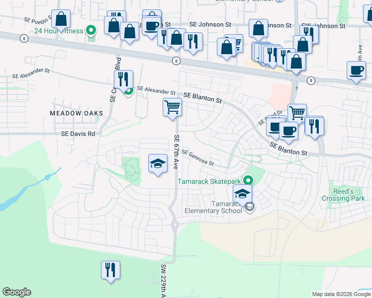 map of restaurants, bars, coffee shops, grocery stores, and more near 6745 Southeast Genrosa Street in Hillsboro