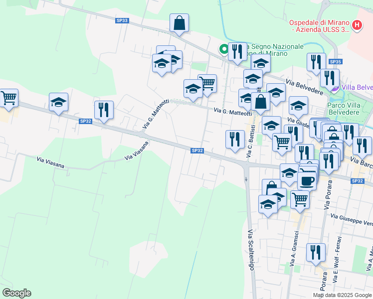 map of restaurants, bars, coffee shops, grocery stores, and more near 113 Via Cavin di Sala in Mirano