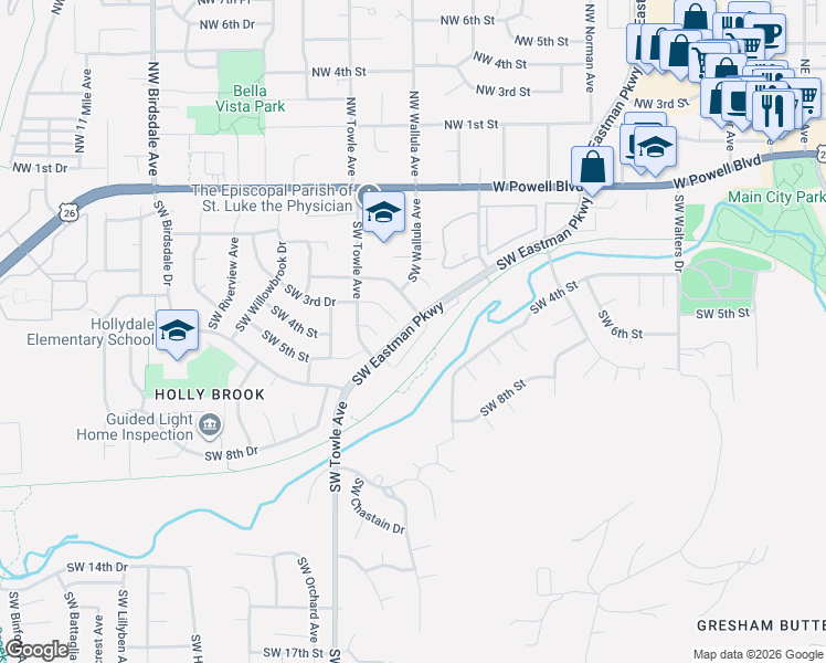 map of restaurants, bars, coffee shops, grocery stores, and more near 522 Southwest Eastman Parkway in Gresham