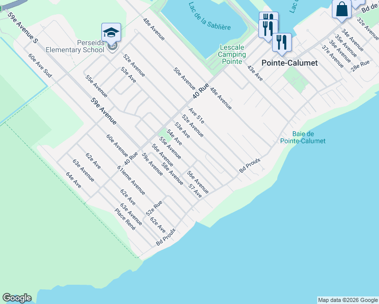 map of restaurants, bars, coffee shops, grocery stores, and more near Avenue 54e in Laurentides