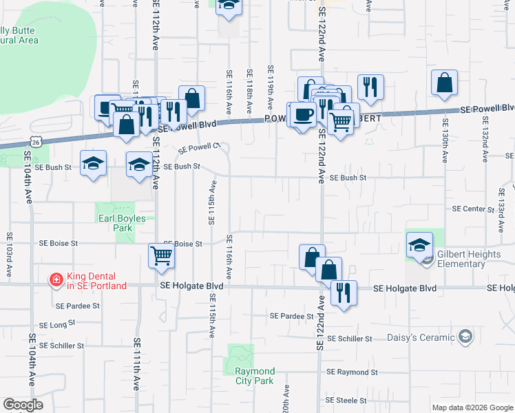 map of restaurants, bars, coffee shops, grocery stores, and more near 11824 Southeast Bush Street in Portland