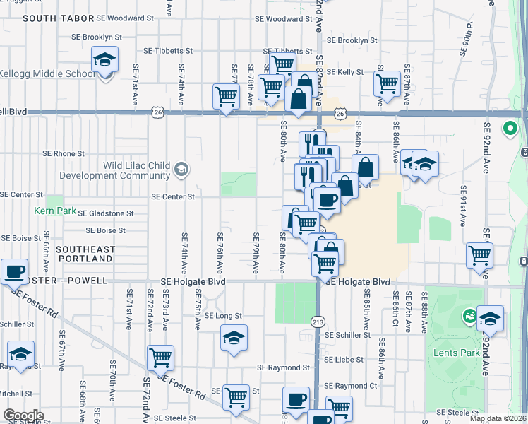 map of restaurants, bars, coffee shops, grocery stores, and more near 3945 Southeast 80th Place in Portland