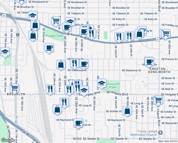 map of restaurants, bars, coffee shops, grocery stores, and more near 4030 Southeast 29th Avenue in Portland