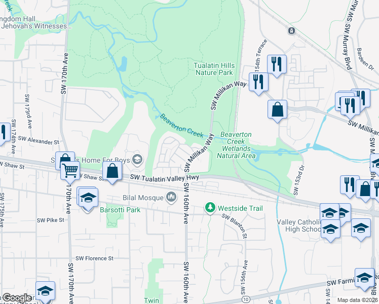 map of restaurants, bars, coffee shops, grocery stores, and more near 3621 Southwest Innovation Court in Beaverton