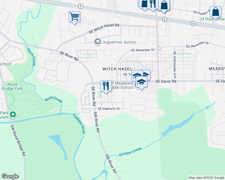 map of restaurants, bars, coffee shops, grocery stores, and more near 3683 Southeast Alexander Street in Hillsboro
