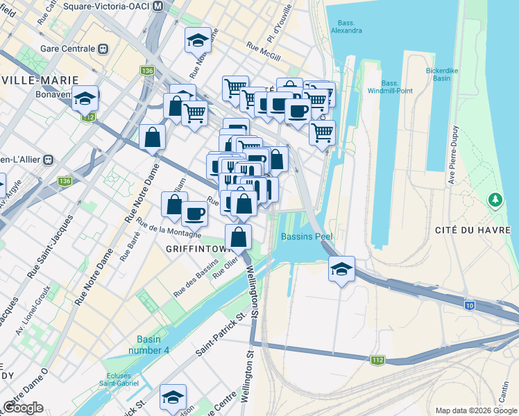 map of restaurants, bars, coffee shops, grocery stores, and more near 101 Rue Peel in Montréal