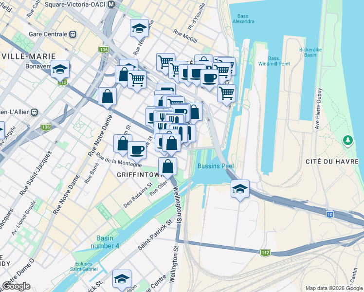 map of restaurants, bars, coffee shops, grocery stores, and more near 101 Rue Peel in Montréal
