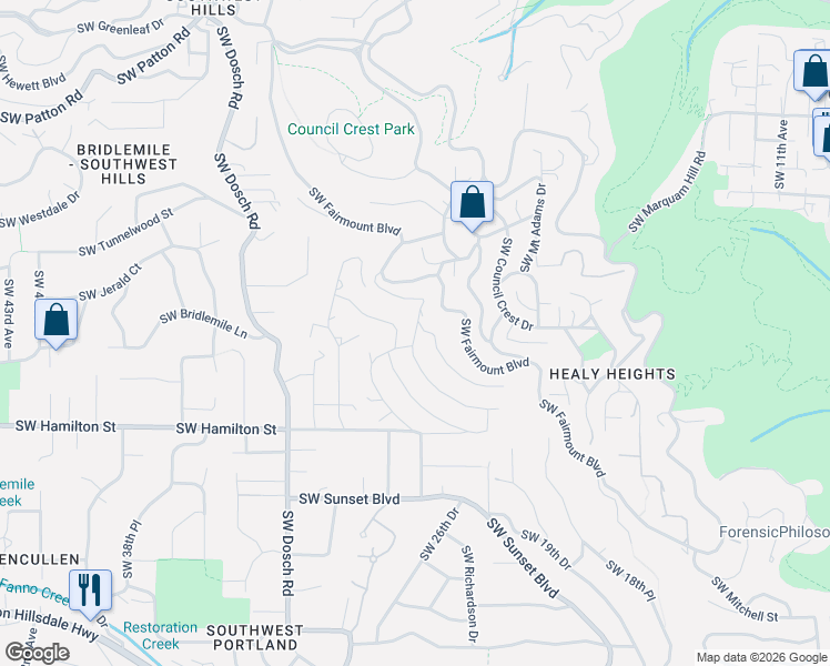 map of restaurants, bars, coffee shops, grocery stores, and more near Southwest Chesapeak Avenue in Portland