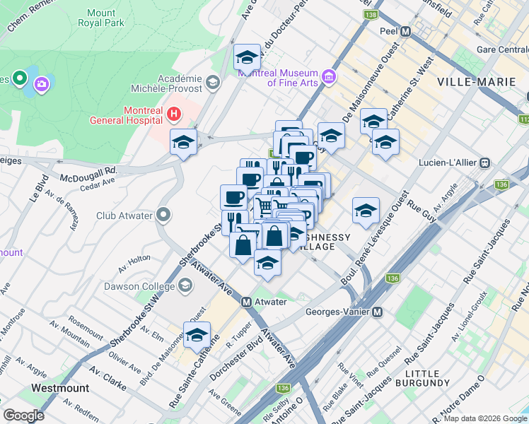 map of restaurants, bars, coffee shops, grocery stores, and more near 2055 Fort Street in Montreal