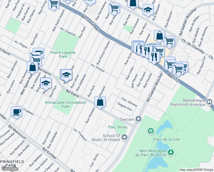 map of restaurants, bars, coffee shops, grocery stores, and more near 3435 Rue Howard in Longueuil