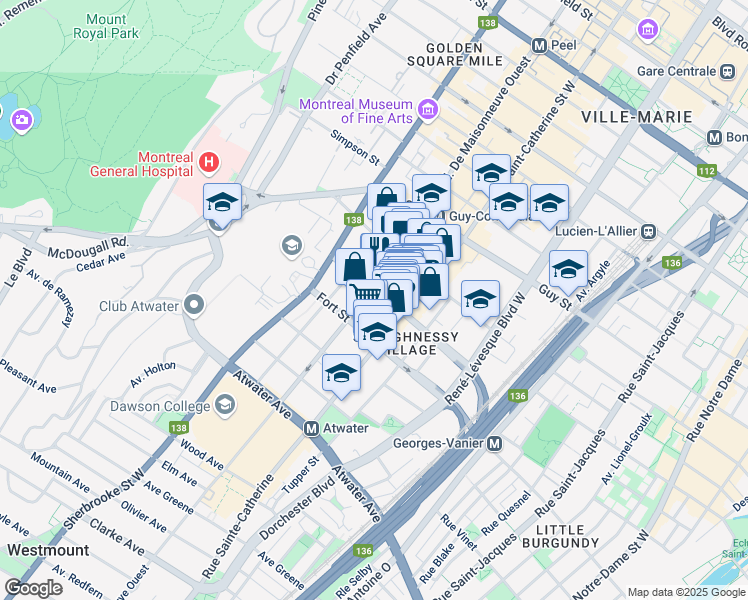 map of restaurants, bars, coffee shops, grocery stores, and more near 1910 Boulevard de Maisonneuve Ouest in Montréal