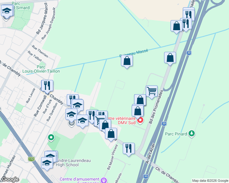map of restaurants, bars, coffee shops, grocery stores, and more near Rue Roméo in Longueuil