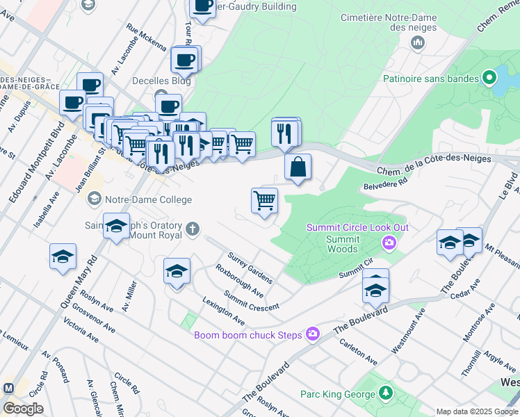 map of restaurants, bars, coffee shops, grocery stores, and more near 3475 Avenue Ridgewood in Montréal