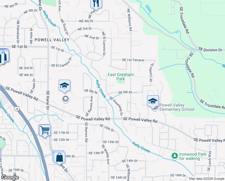 map of restaurants, bars, coffee shops, grocery stores, and more near 4300 Southeast 4th Street in Gresham