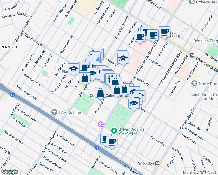 map of restaurants, bars, coffee shops, grocery stores, and more near 5871 Avenue Victoria in Montreal