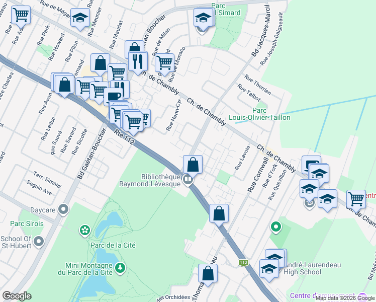 map of restaurants, bars, coffee shops, grocery stores, and more near 2500 Boulevard Jacques-Marcil in Longueuil