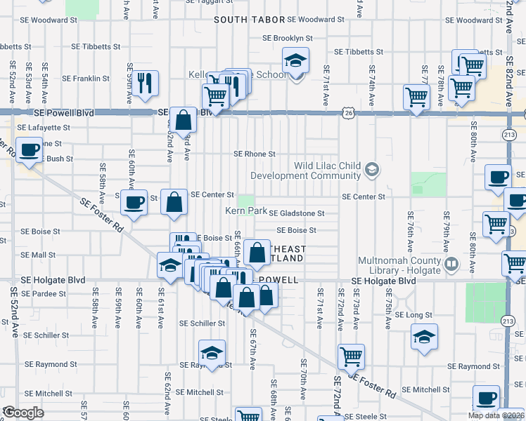 map of restaurants, bars, coffee shops, grocery stores, and more near 6719 Southeast Gladstone Street in Portland