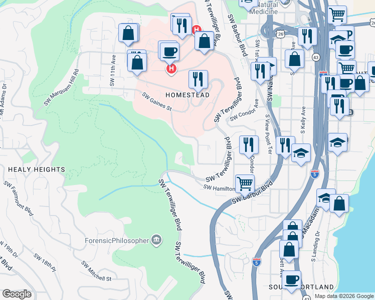 map of restaurants, bars, coffee shops, grocery stores, and more near 4041 Southwest 6th Avenue Drive in Portland