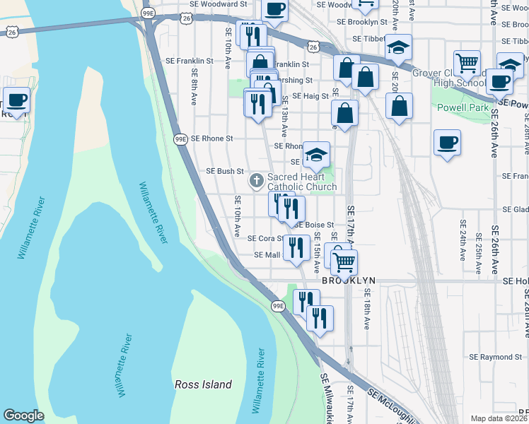 map of restaurants, bars, coffee shops, grocery stores, and more near 1125 Southeast Boise Street in Portland
