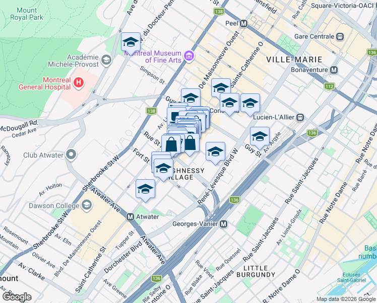 map of restaurants, bars, coffee shops, grocery stores, and more near in Montreal