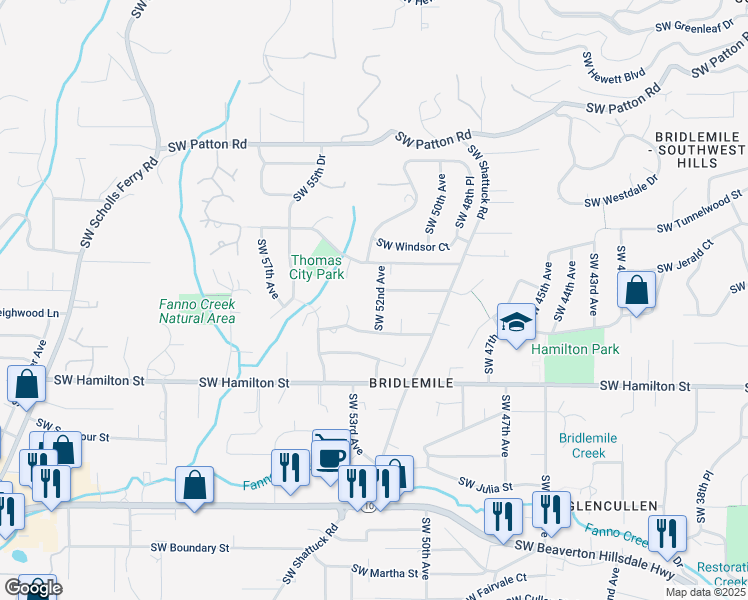 map of restaurants, bars, coffee shops, grocery stores, and more near 4127 Southwest 52nd Avenue in Portland