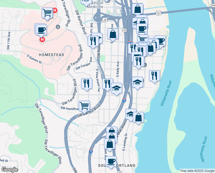 map of restaurants, bars, coffee shops, grocery stores, and more near 4133 South Corbett Avenue in Portland