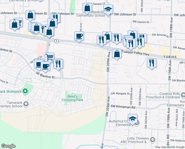 map of restaurants, bars, coffee shops, grocery stores, and more near 8335 Southeast Quincy Street in Hillsboro