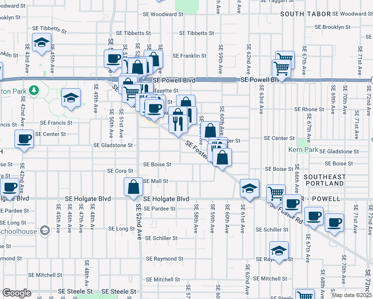 map of restaurants, bars, coffee shops, grocery stores, and more near 5625 Southeast Gladstone Street in Portland