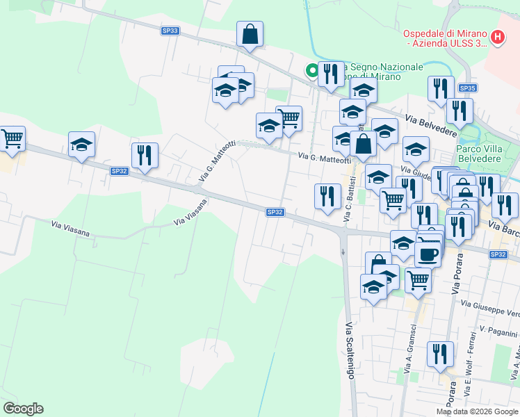 map of restaurants, bars, coffee shops, grocery stores, and more near 113 Via Cavin di Sala in Mirano