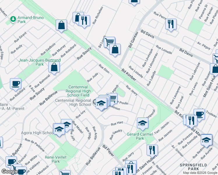 map of restaurants, bars, coffee shops, grocery stores, and more near 1000 Rue Legault in Longueuil