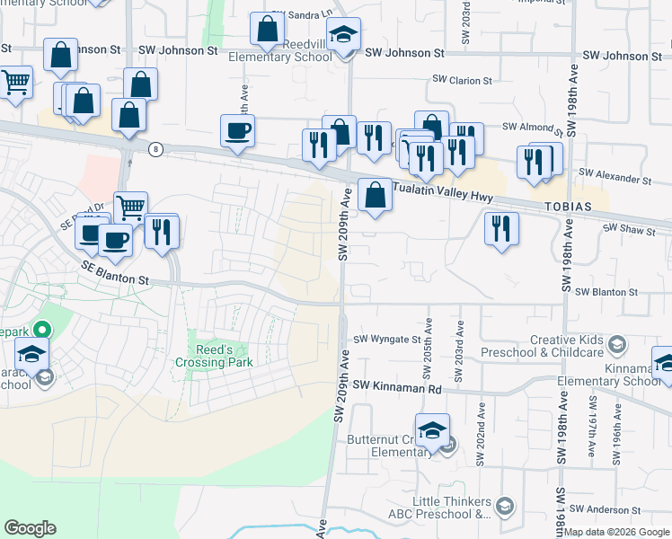 map of restaurants, bars, coffee shops, grocery stores, and more near 3627-3669 Southwest 209th Avenue in Aloha