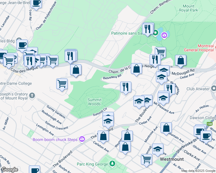 map of restaurants, bars, coffee shops, grocery stores, and more near 9 Summit Circle in Westmount