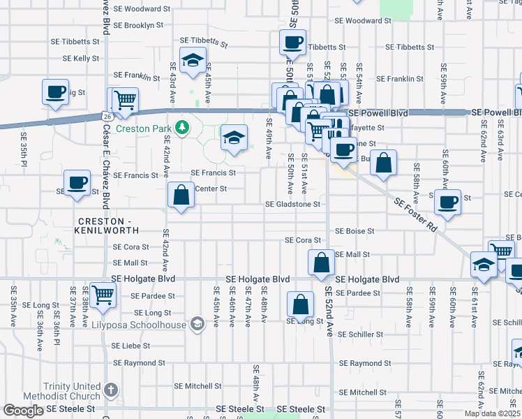 map of restaurants, bars, coffee shops, grocery stores, and more near 4734 Southeast Gladstone Street in Portland