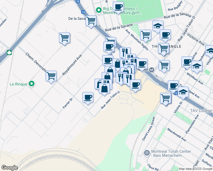 map of restaurants, bars, coffee shops, grocery stores, and more near in Mount Royal
