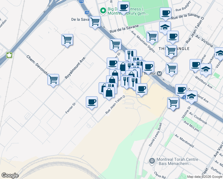 map of restaurants, bars, coffee shops, grocery stores, and more near in Mount Royal
