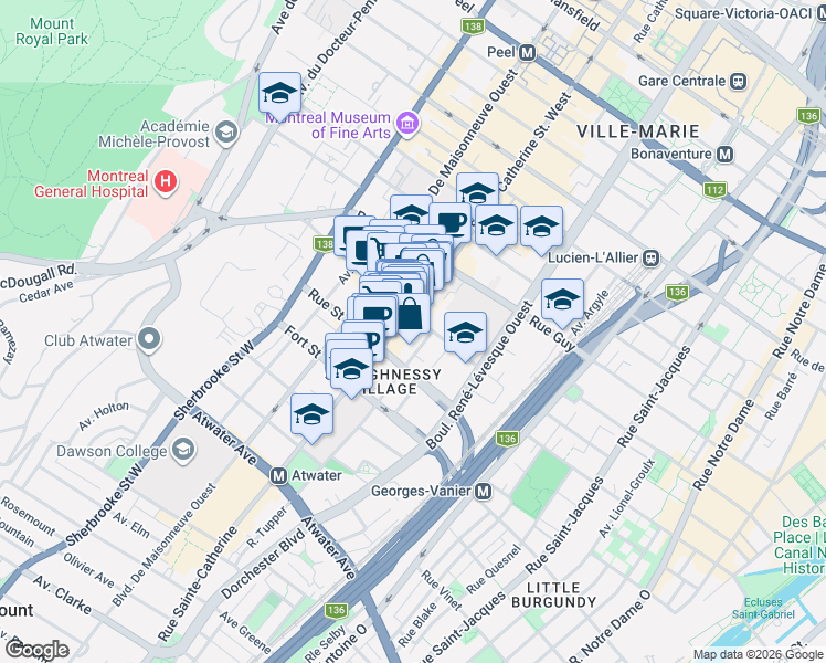 map of restaurants, bars, coffee shops, grocery stores, and more near 1804 Sainte-Catherine Street West in Montreal