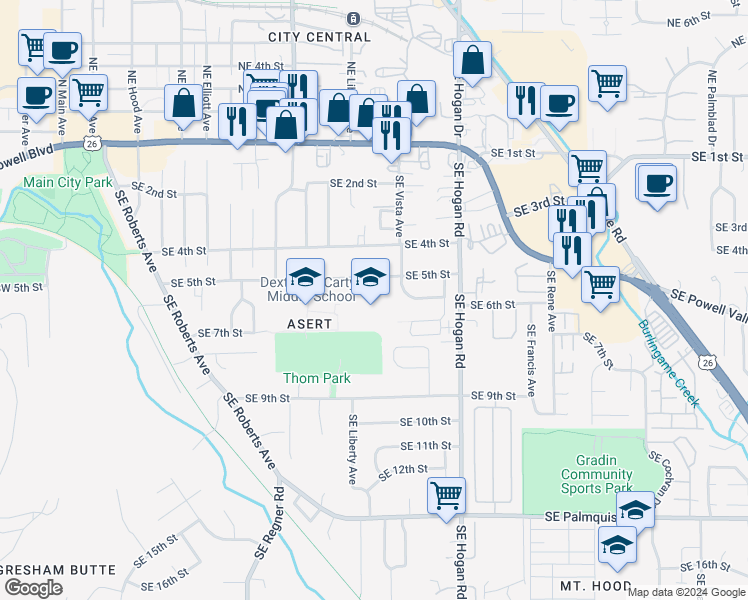 map of restaurants, bars, coffee shops, grocery stores, and more near 1400 Southeast 5th Street in Gresham