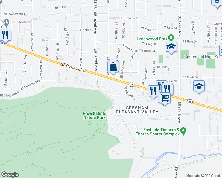 map of restaurants, bars, coffee shops, grocery stores, and more near 3898 Southeast 162nd Avenue in Portland