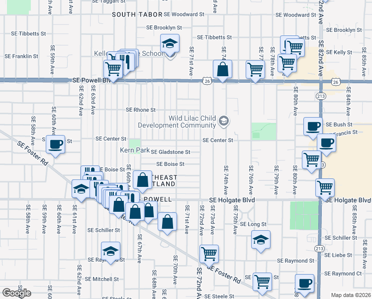 map of restaurants, bars, coffee shops, grocery stores, and more near 7032 Southeast Center Street in Portland