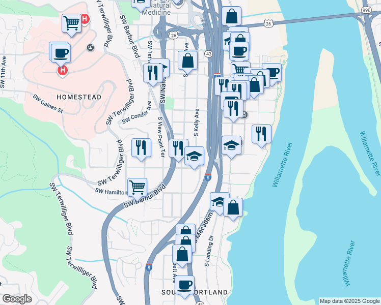 map of restaurants, bars, coffee shops, grocery stores, and more near 4128 South Corbett Avenue in Portland