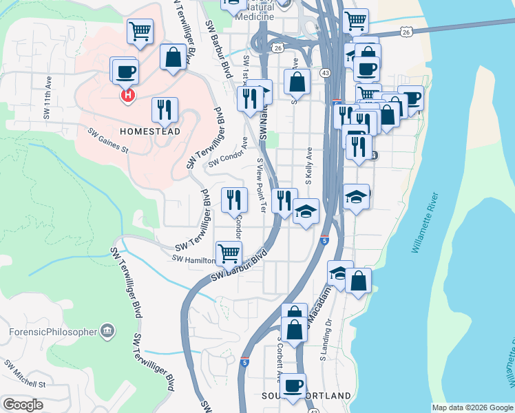 map of restaurants, bars, coffee shops, grocery stores, and more near 4126 Southwest View Point Terrace in Portland