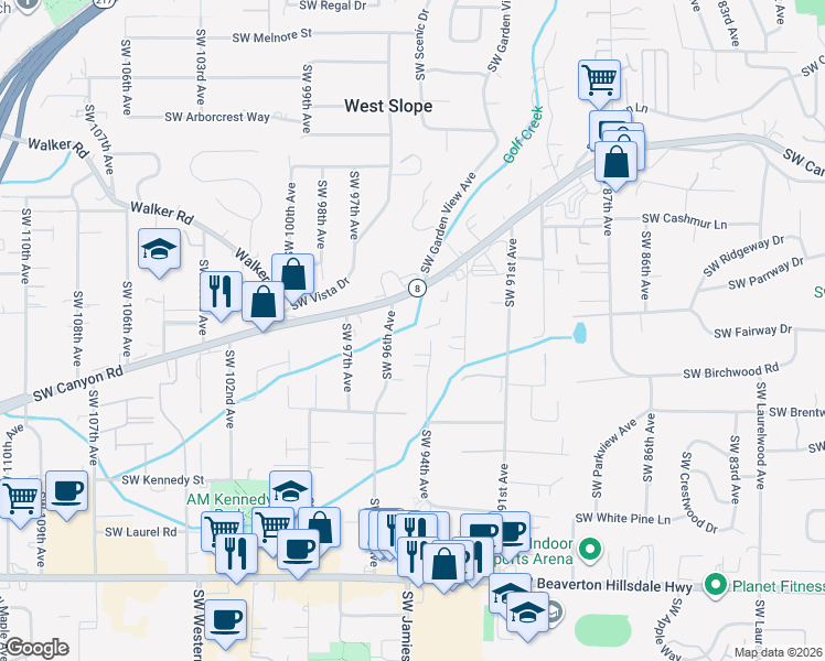 map of restaurants, bars, coffee shops, grocery stores, and more near 9570 Southwest Canyon Road in Portland