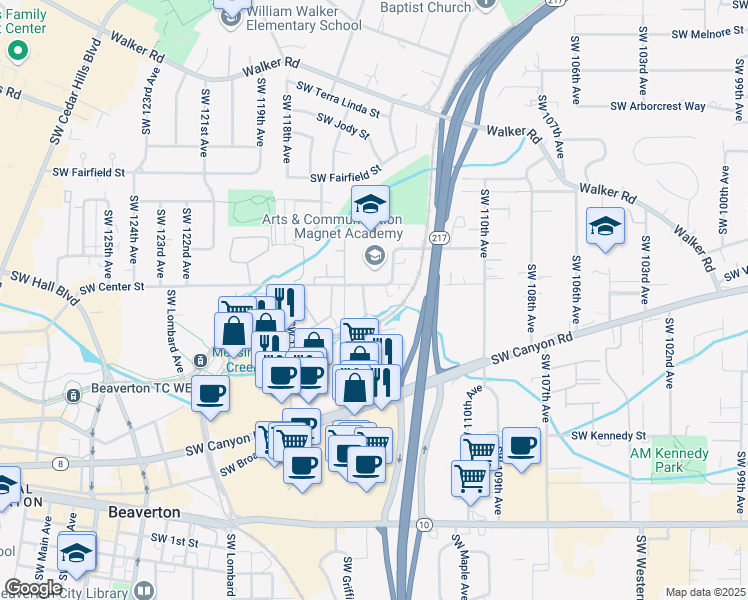 map of restaurants, bars, coffee shops, grocery stores, and more near 3650 Southwest 114th Avenue in Beaverton