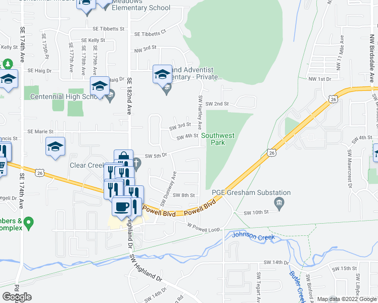 map of restaurants, bars, coffee shops, grocery stores, and more near 3790 Southwest 5th Drive in Gresham