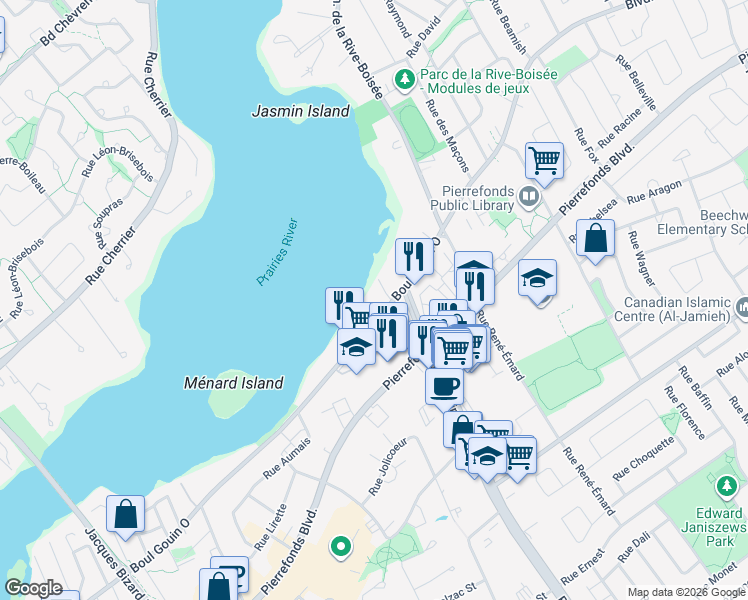 map of restaurants, bars, coffee shops, grocery stores, and more near 14399 Boulevard Gouin Ouest in Montréal